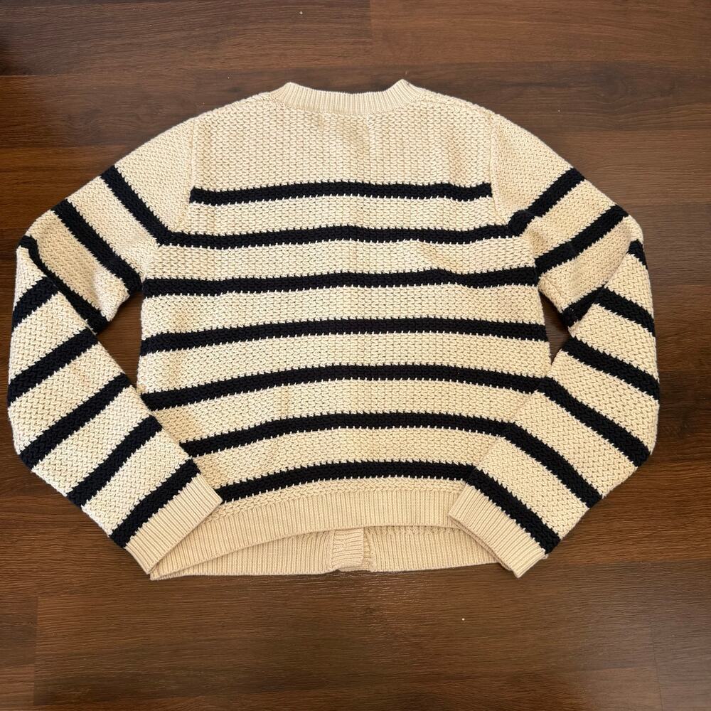 Heartloom Knit Cardigan Beige Navy Stripes Gold Button Nautical Coastal Preppy S - Picture 2 of 7